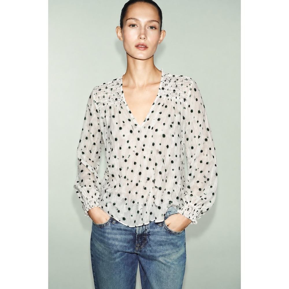 Bella Dahl Smocked Yoke Blouse White Green Black Abstract Dot V-Neck Size S